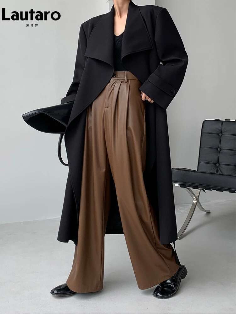 Lautaro Spring Autumn Loose Casual Wy Soft Black Brown Pu Leather Wide Leg Pants For Women High Waist Emo Korean Fashion 2023
