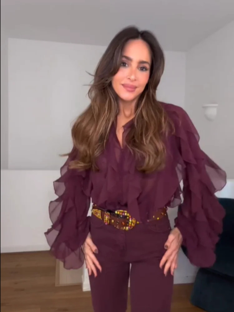 Fashionable womens multilayer pleated shirt sexy See Through Vneck long sleeved single chest Tshirt Spring solid top 250306