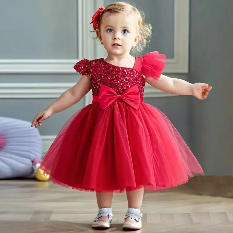 Girls Princess Sequins Dresses Toddler Kids 1st Birthday Baptism Gown Children Wedding Christmas Party Dress 250305