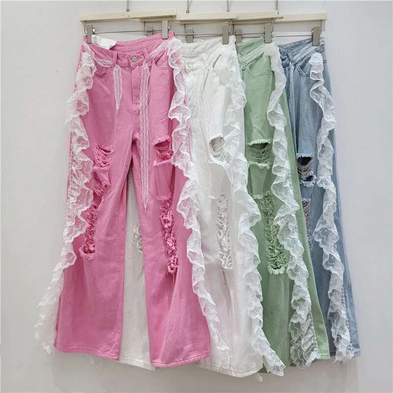 DEAT Women's Fashion Straight Broken Holes Denim Pants Spring New Female Long Wide Leg Lace Wer Edge Jeans Trendy 11A03111
