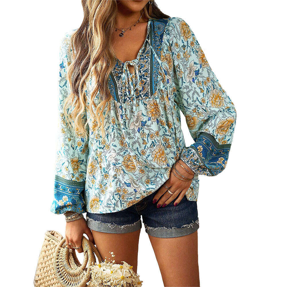 Autumn/Winter New Women's Loose Casual Vacation V-Neck Bohemian Long Sleeved Top Shirt KLMY