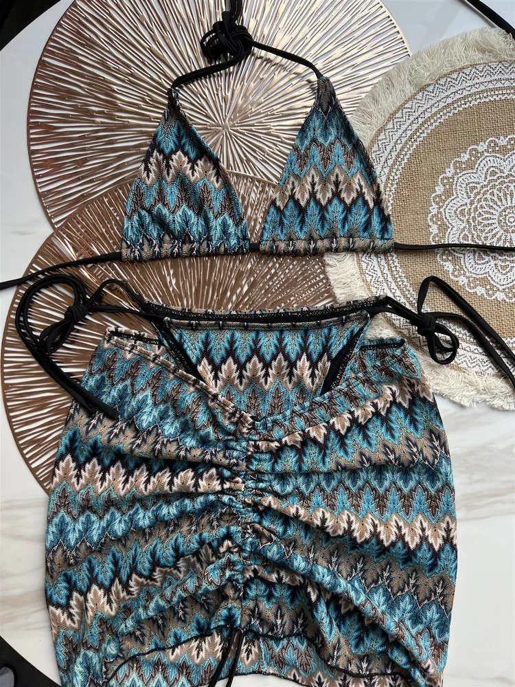Women Swimsuit Colored Maple Leaves Knitted Bikini Skirt ThreePiece Set Split 250306