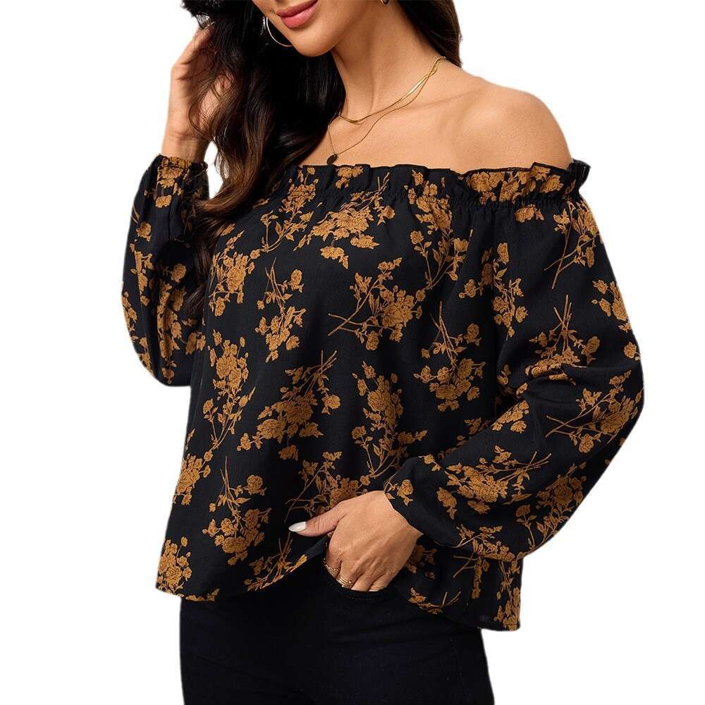 Women's Off Shoulder One Neck Women's Shirt Autumn And Winter New Floral Temperament Long Sleeved Top KLMY