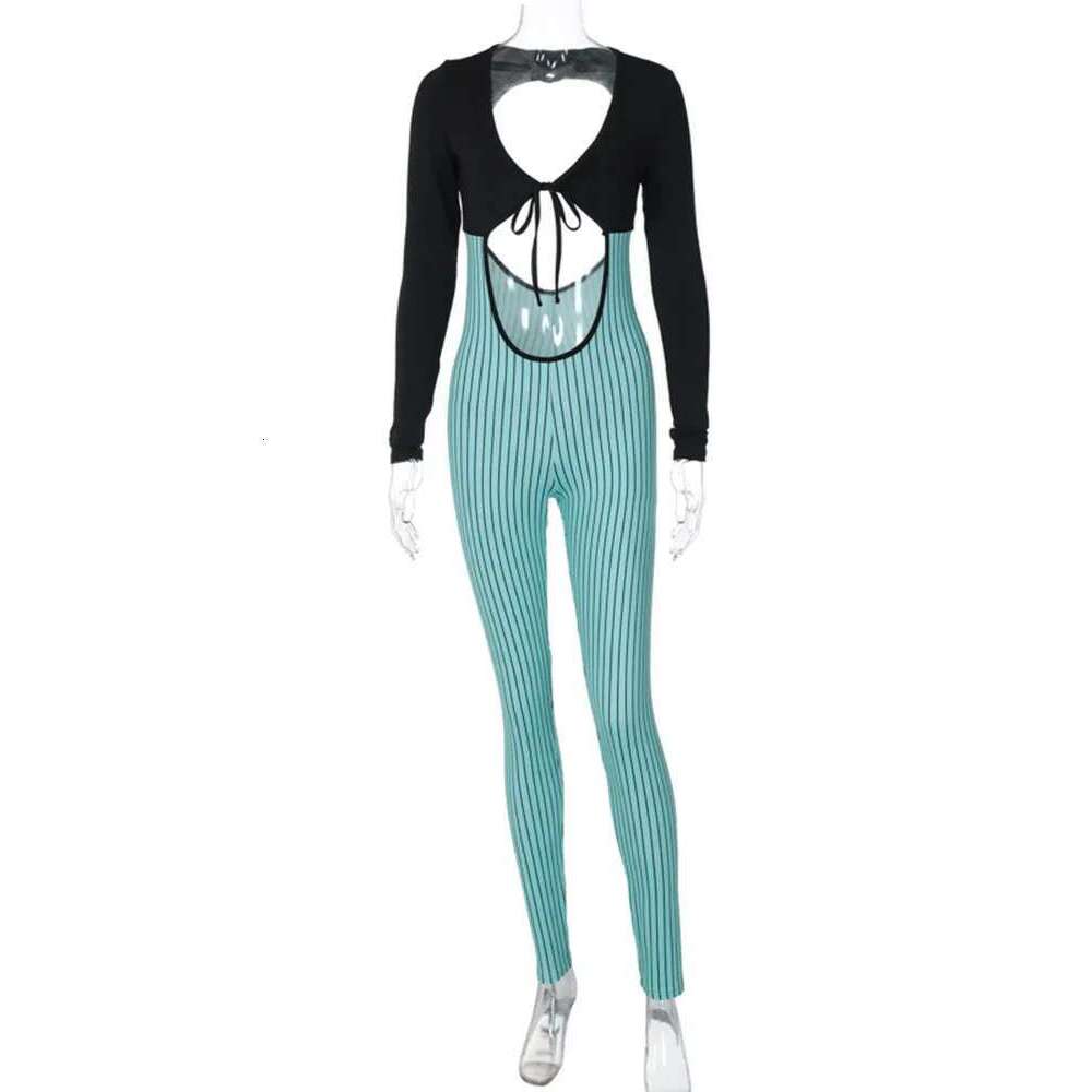 Sibybo Fashion Jumpsuits Sexy Y2k Hollow Out Low Chest V Neck Long Sleeve Open Back Stripe Printed Spliced Sports Jumpsuit KLMY