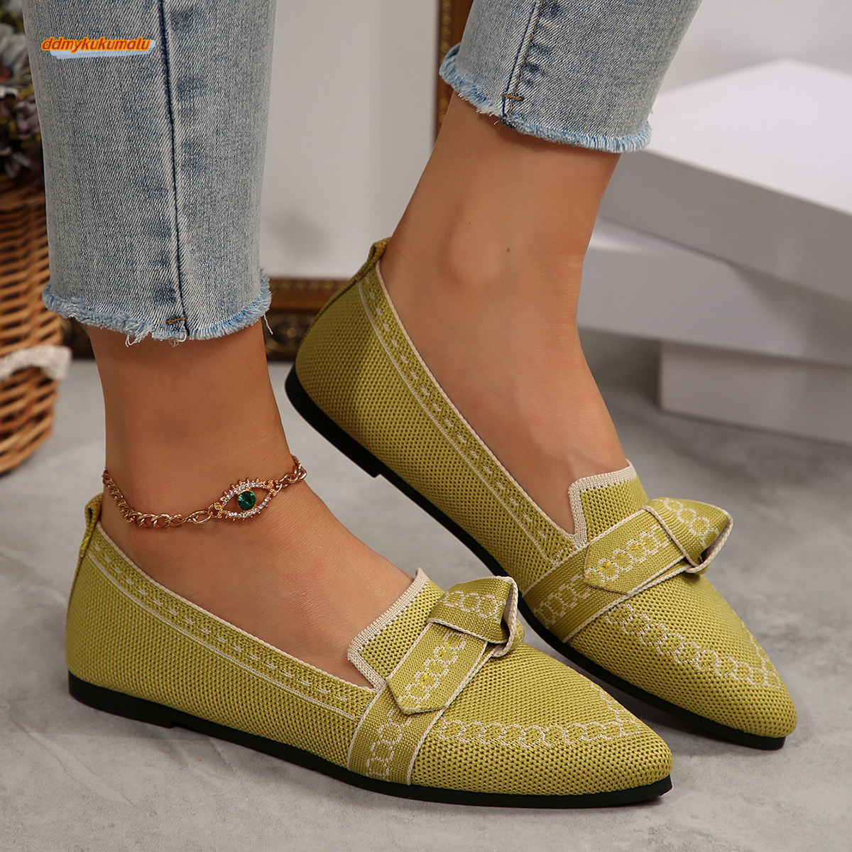 2025 slim pointed oversized flat sole single shoe with flying weave butterfly bow for casual and breathable women's shoes #ddmykukumalu