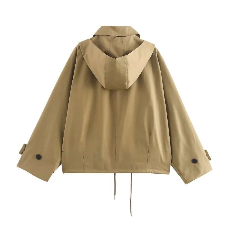 TRAF ZR Khaki Hooded Windbreakers Women's Autumn Coat New In Outerwears England Style Vintage Cropped Trench