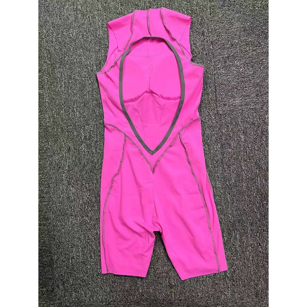 Pad Nylon Women Bodysuit Fiess Yoga Set Splicing Contrast Color Exposed V Butt One-Piece Shorts Jumpsuit Gym Sports Push Up KLMY