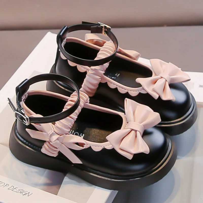 Girls Leather Shoes Fashion Lolita Mary Janes Autumn Pu Leather Kids Flat Shoes Bowknot Sweet Princess Girls Comfy School ShoeT250306