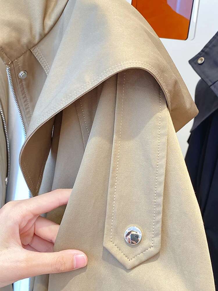 Lautaro Spring Autumn Oversized Casual Waterproof Khaki Windbreaker Women With Long Sleeve Hood Drawstring Zipper Cargo Jacket