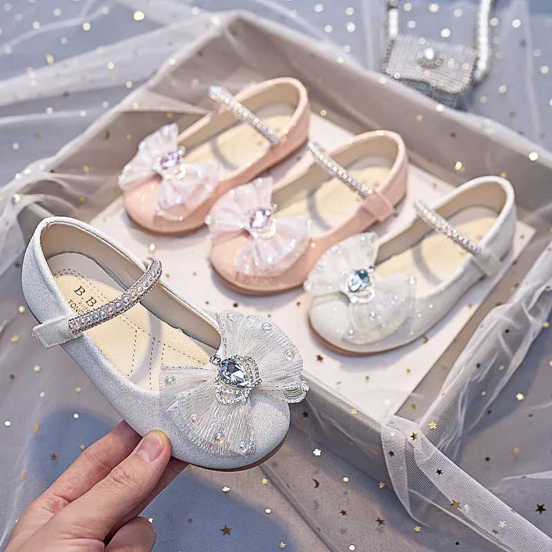 Girls Mary Jane Shoes with Bow-knot Fashion Kids Pearls Crown Princess Shoes for Party Wedding Children Leather ShoesT250306