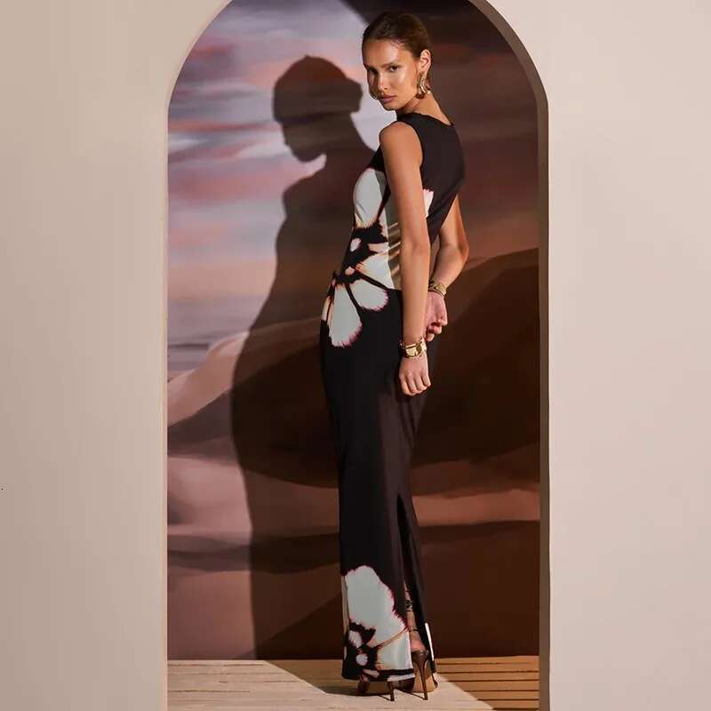 Summer Sexy Maxi For Women Streetwear Fashion Print Hollow Out Sleeveless New Slim Dress Casual Club Elegant Party Dresses KLMY