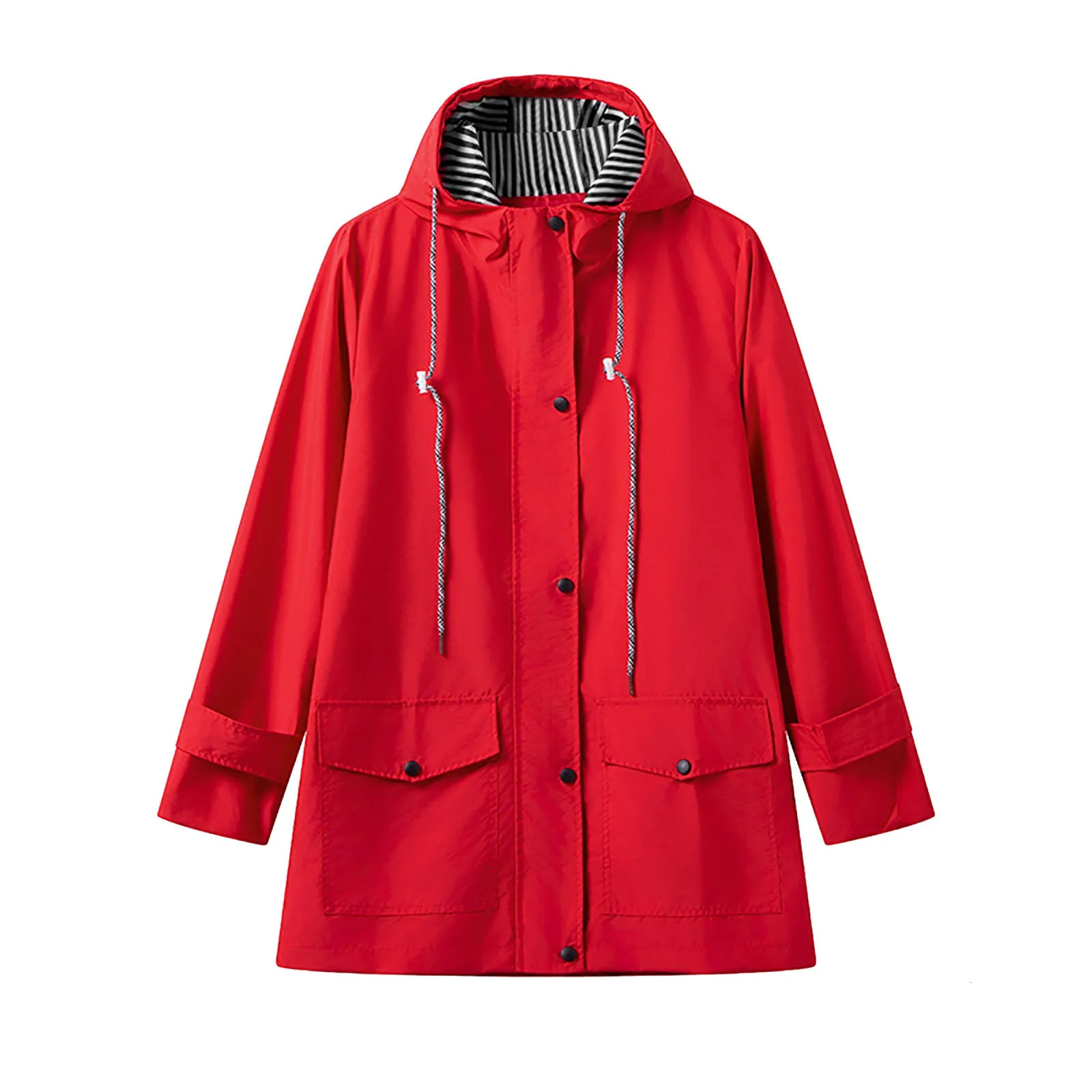 Spring and Autumn Changgou Coat Womens Fashion Hooded Windproof Machine Stripe Printed Plus Size Casual Jacket 250306