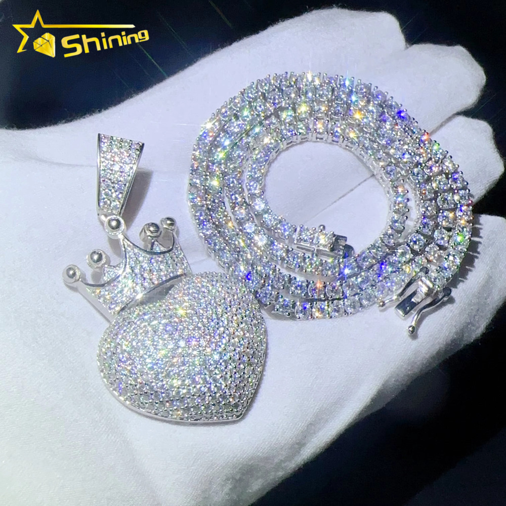 Moissanite Heart Crown Pendant Hip Hop 925 Silver Diamond Pendant Hot Sale Shining Jewelry Necklace Heart Pendant
