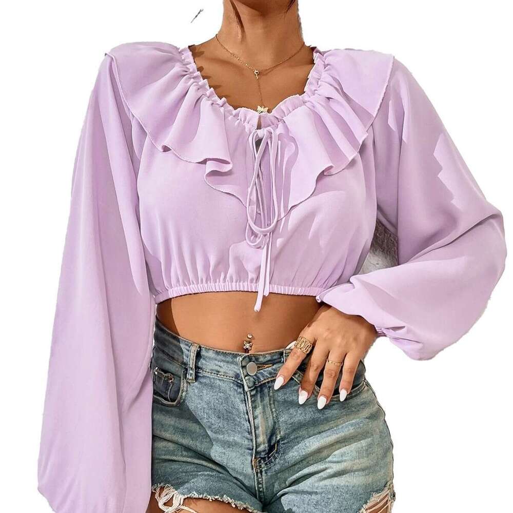 Spring/Summer Ultra Short Lotus Collar Bubble Open Belly Button Women's Pullover Long Sleeve Top KLMY