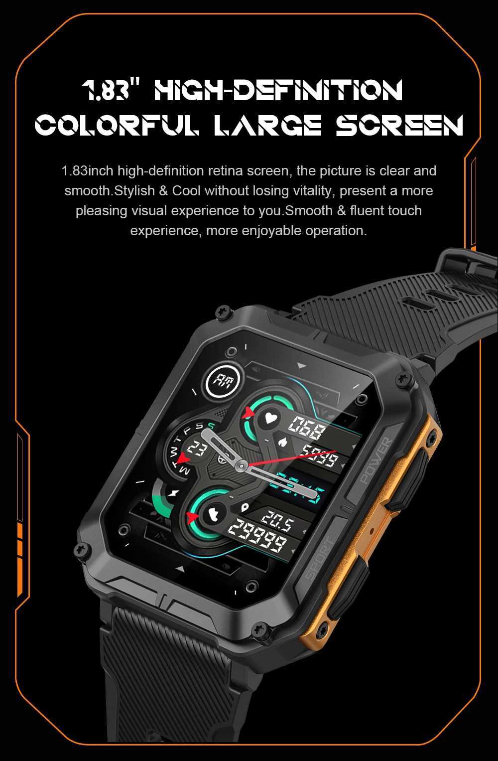 CUBOT C20 Pro SmartWatch 1.83-inch IP68 Waterproof Sport Watch for Men Heart Rate Fitness Tracker 24H Health Monitor Phone Call O250306