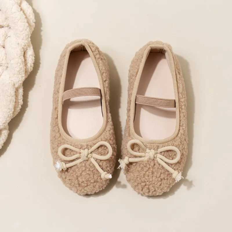 Bowknot Lambswool Ballet Flats Kid Girl Winter Warm Teddy Fur Ballerina Shoes Child Cosy Plush Shallow Loafers with Elastic BandT250306