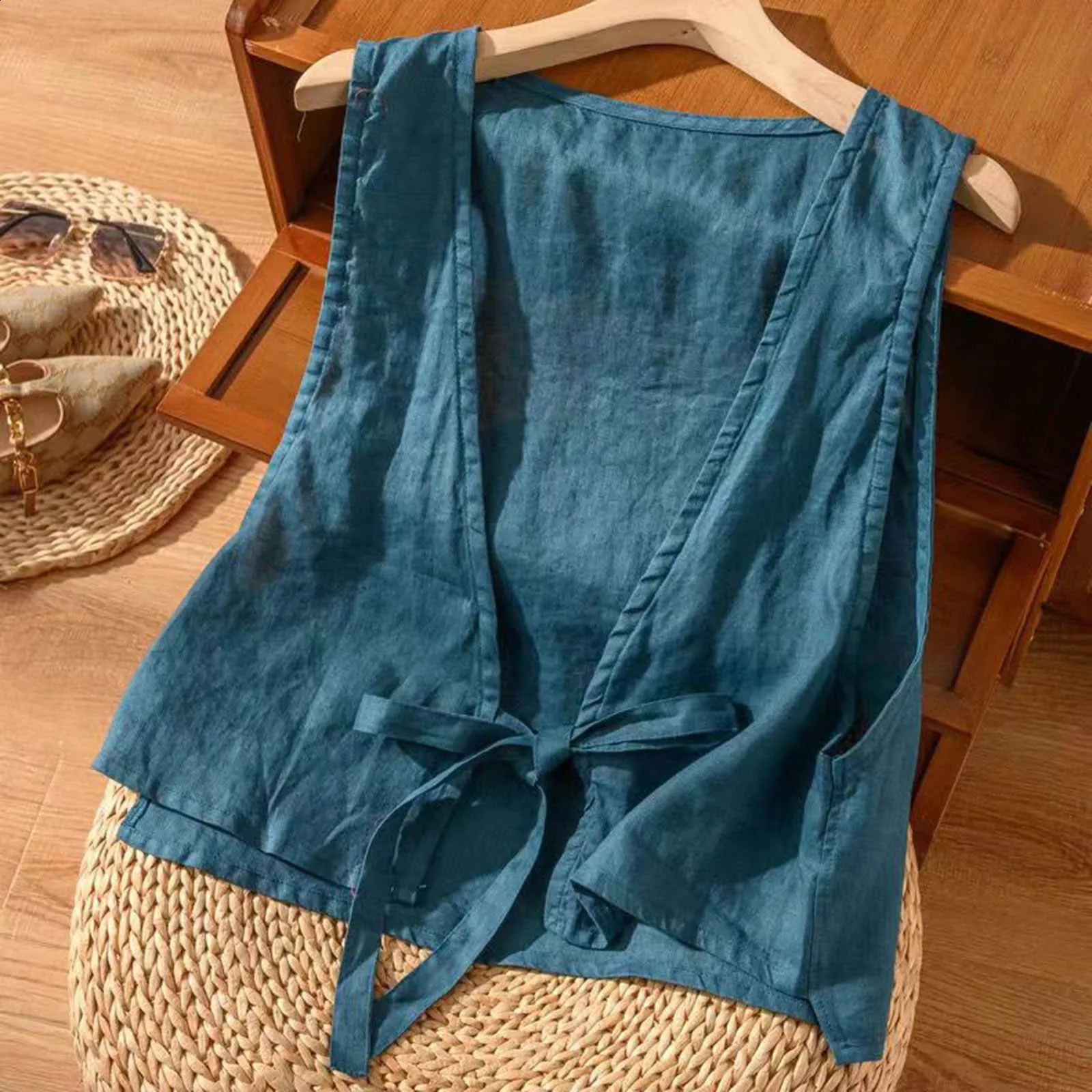 Womens Cotton Linen Vest Cardigan Casual Loose V Neck Sleeveless Jackets Summer Lace Up Solid Vests Waistcoat Ladies Elegant Tops 250227Z