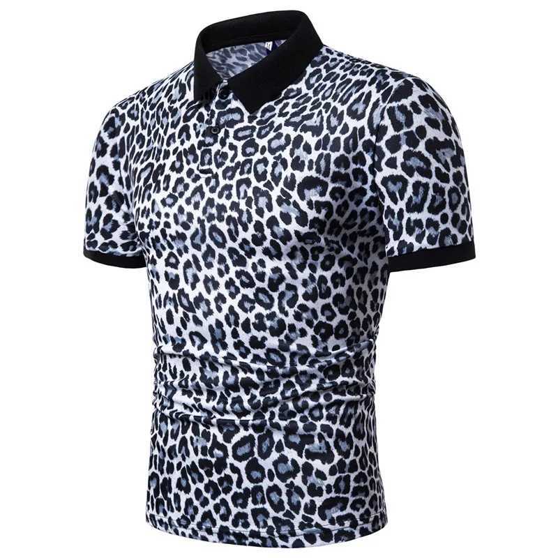 Fashion New Summer Casual T Shirt Men Short Sleeve Turn Down Collar Slim Fit Shirt Sexy leopard print polo shirt X250306