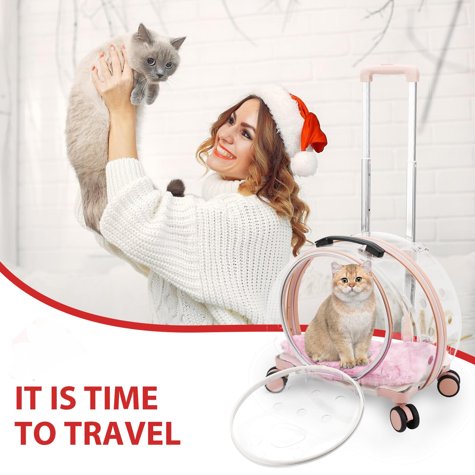 Transparent & Fully Breathable Hard cat Carrier with Rolling Wheels for Dogs, Cats, or Bunnies, Multiple Carrying Options, Perfect for Traveling/Takin