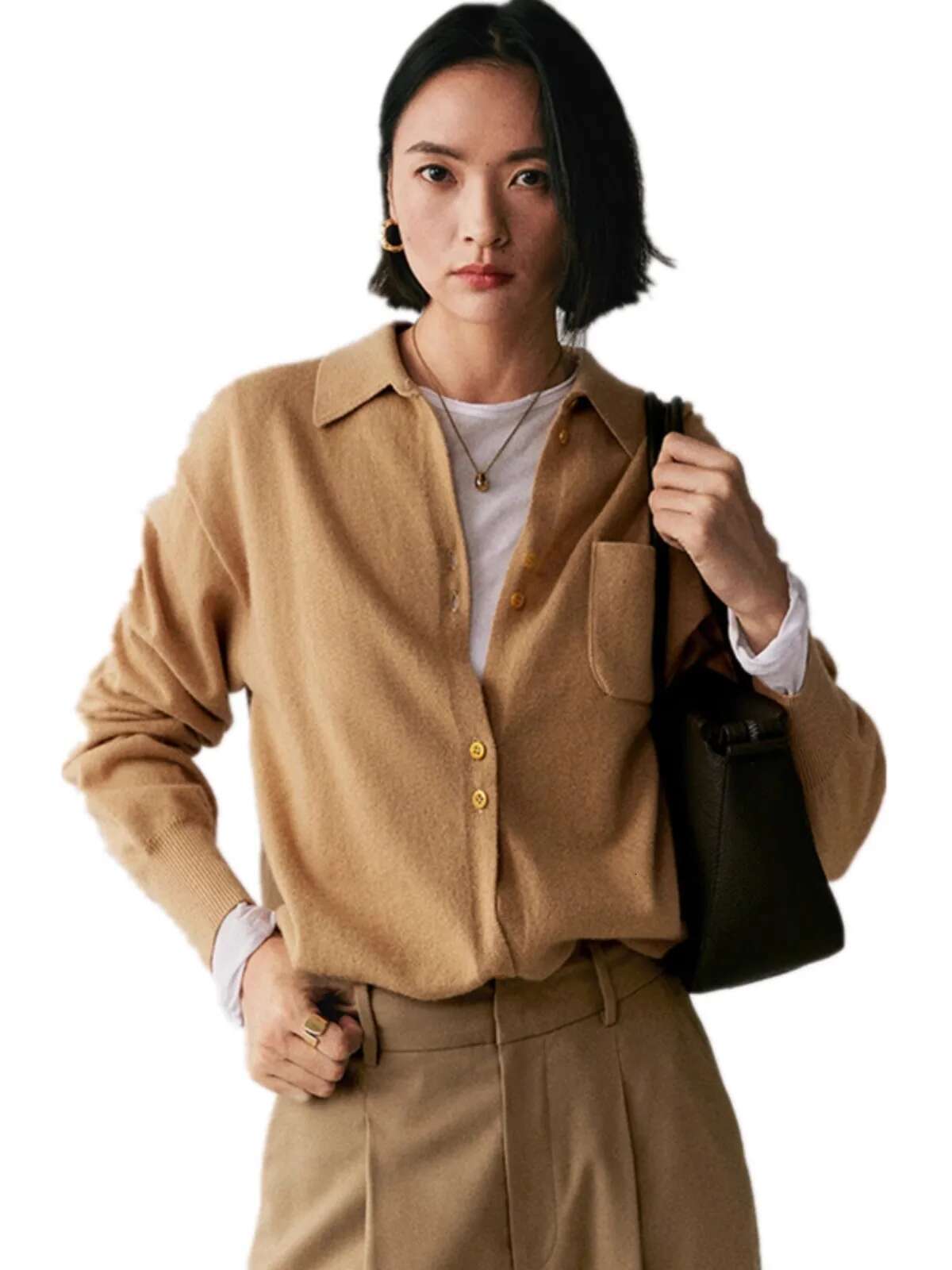 Europe Station Loose Mid-Length POLO Collar 100% Cashmere Knit Cardigan Women's Spring And Autumn Large Size Lapel Sweater