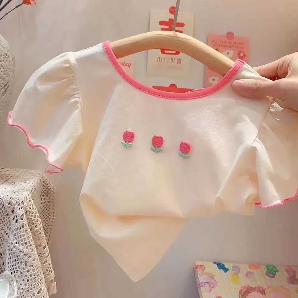 Summer Baby Girls Floral T-shirts Korea Style Bow Puffy Sleeve O-Neck Shirts Kids Girl Tops Children Clothes Tees 1-6Years OldT250306