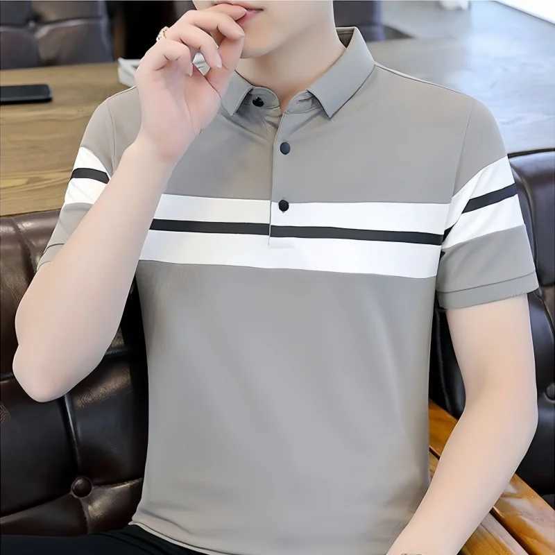 Summer Mens Lapel Short Sleeve T-shirt Handsome Slim Fit Casual Pullover Top Fashion Half Sleeve Color Matching Polo Shirt X250306
