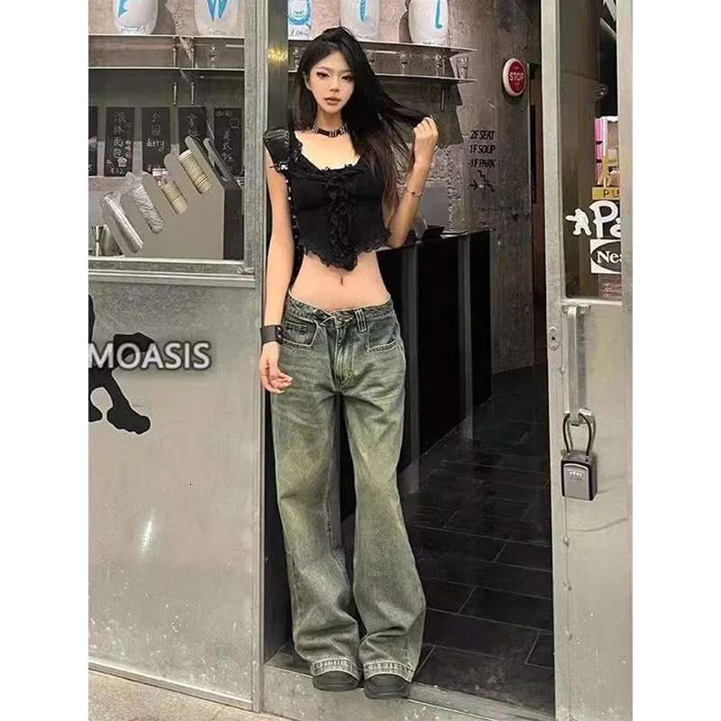 Blue Women's Jeans Hip-Hop Fashion Vintage Streetwear Y2k Wide Leg Straight Jean High Waist Trouser Classic Baggy Denim Pants