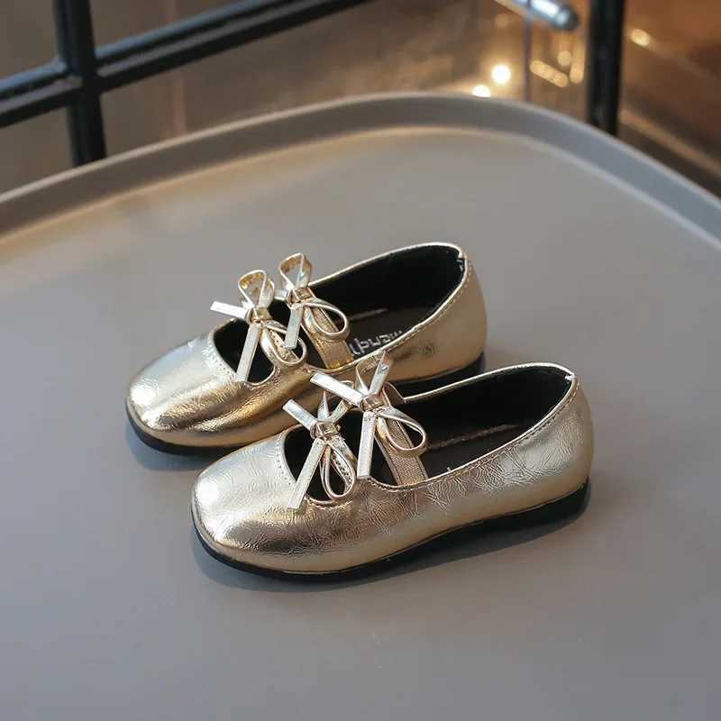 Princess Shoes for Girls New 2025 Fashion Double Bowknot Chic Children Mary Jane Shoes Gold Sliver Square Toe Elegant Kids FlatsT250306