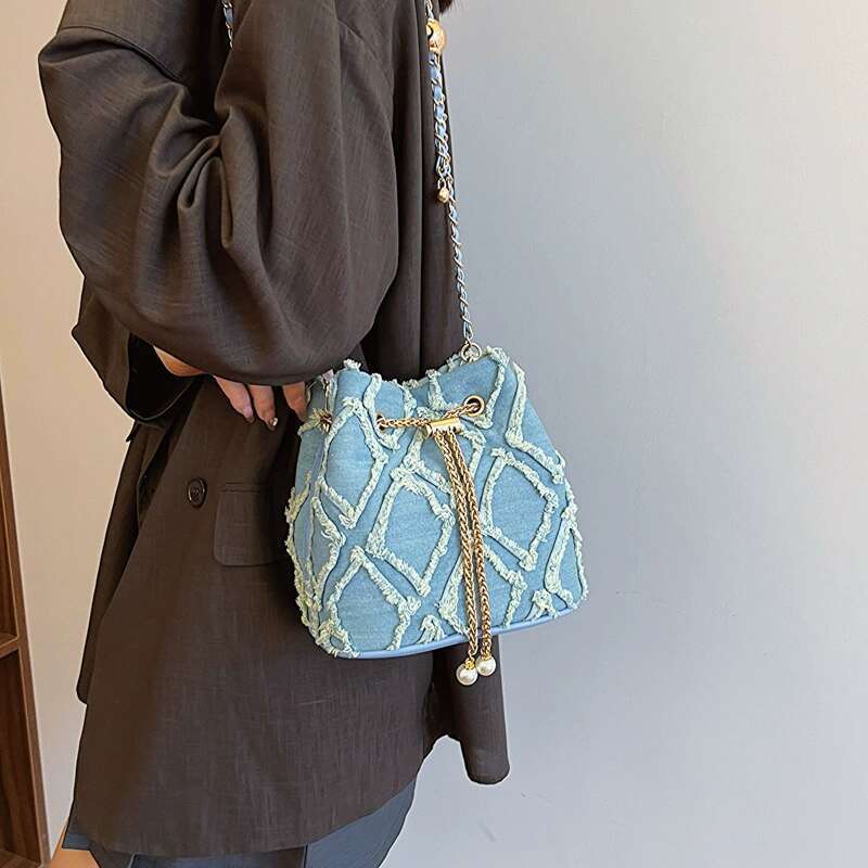 Bucket Dia Denim Pattern Women Shoulder Drawstring Jean Purse Adjustable Strap Hot Travel Bag