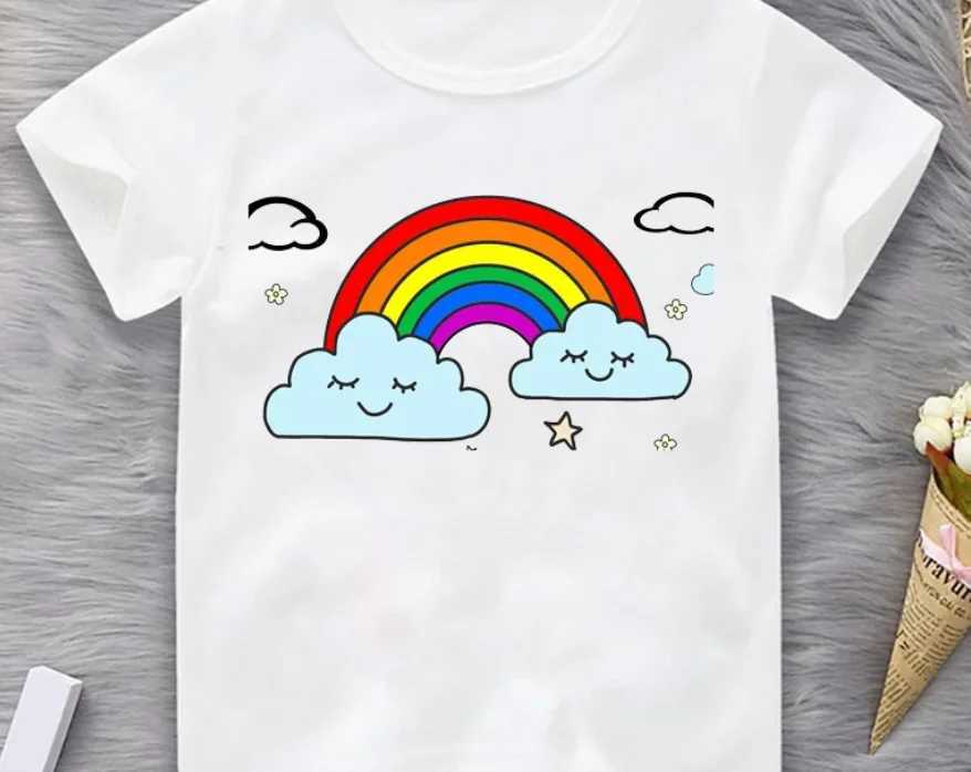 Funny Kids Tshirt Rainbow Clouds Print Child T- Shirts 2024 Summer Top Baby Girl T Shirt Children T- ShirtsTopsT250306