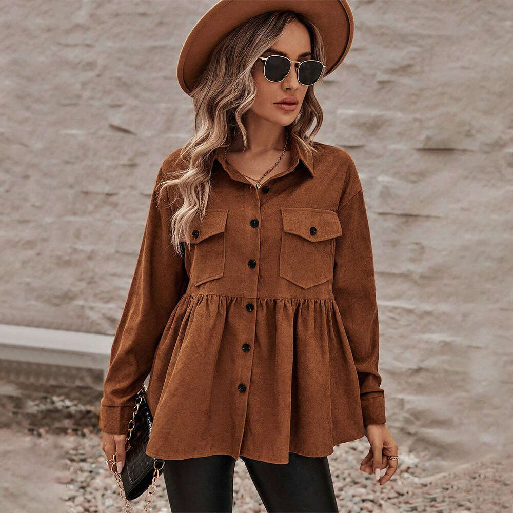 International Station Women's Versatile Commuter Long Sleeve Shirt Autumn/Winter Brown Loose Cardigan Top KLMY