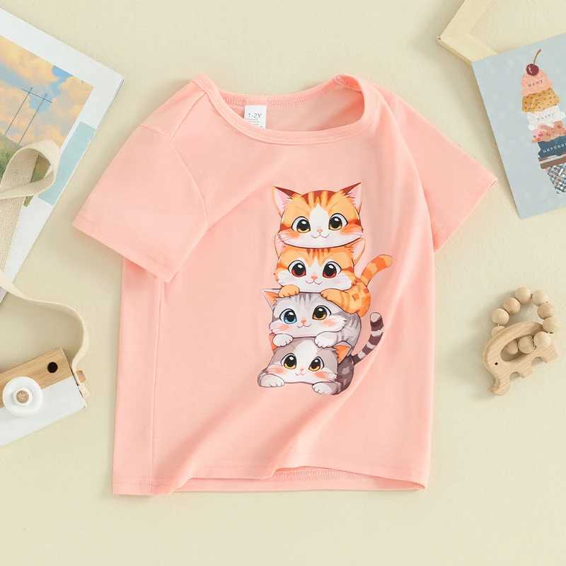 Pudcoco Summer T Shirt Cat Shirts For Girls Cartoon Graphic Tees Short Sleeve Crewneck Tops Size 1 To 8 Years Cute OutfitsT250306