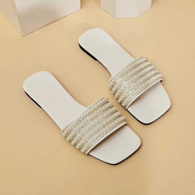 GDQQ Wen Luxury Pearl Slippers 2024 Summer Square Toe Flats Slides Sandals Wan Cfortable N Slip Beach Flip Flops Big Y250306
