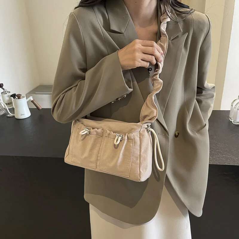 Pleated Design Shoulder Cross Body Bags Nylon Fabric Multi Pockets Satchels Drawstring Messenger Bag 2024 Latest Fashion Handbag