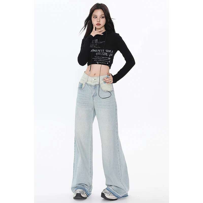 2024 Autumn Baggy Wide Leg Women Quality High Waisted Denim Pants Light Blue Korean Retro Fashion Fake Two Pieces Jeans