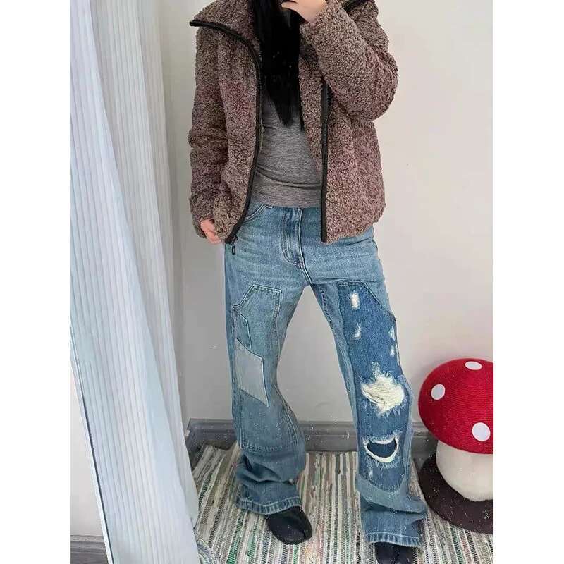 2025 Spring Women Casual Haruku Spliced Jeans Y2k Wide Leg Baggy Punk Denim Trouser Vintage 2000S Aesthetic Loose Washed Pants