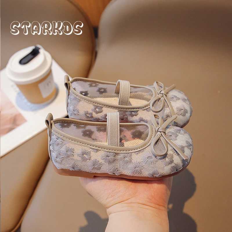 Floral Embroidery Lace Ballet Flats Baby Girls 2023 Summer New Breathable Mesh Ballerinas Kids Cute Wedding Party Dress ShoesT250306
