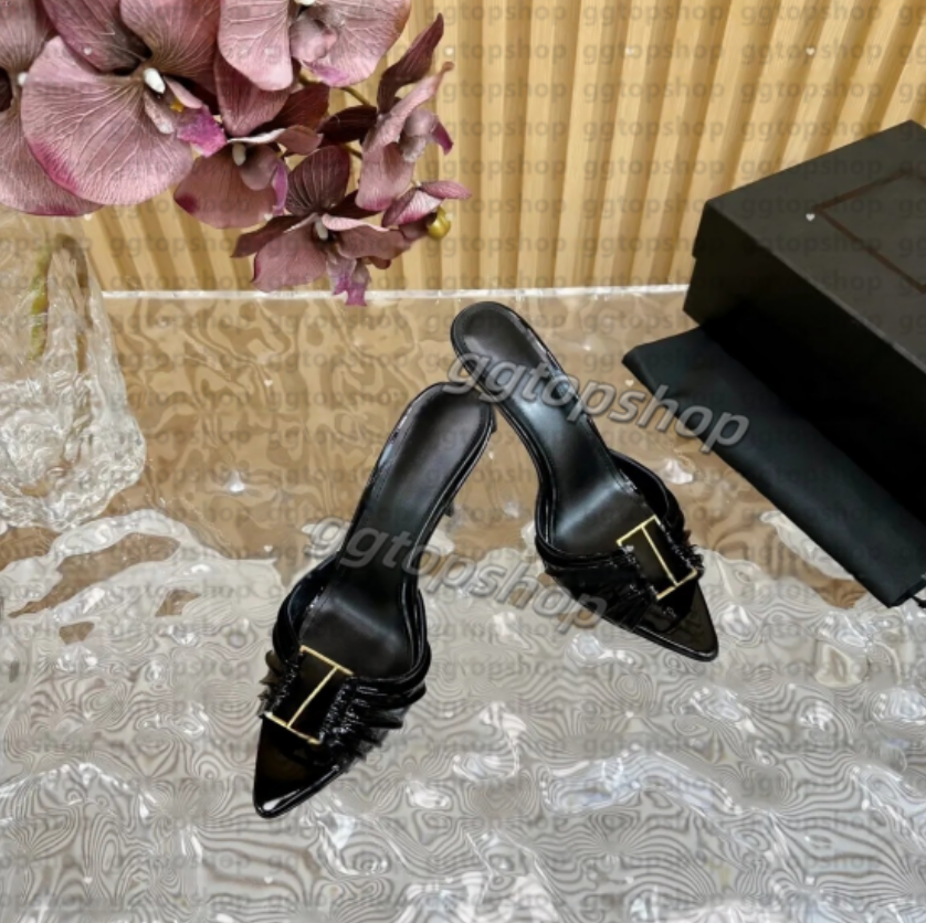 Elegant Dress Shoes Ladies Stiletto Slippers Mule Genuine Leather Fashionable New Letter Buckle Sharp Toes Sandals Women Designer High-Heeled Slipper