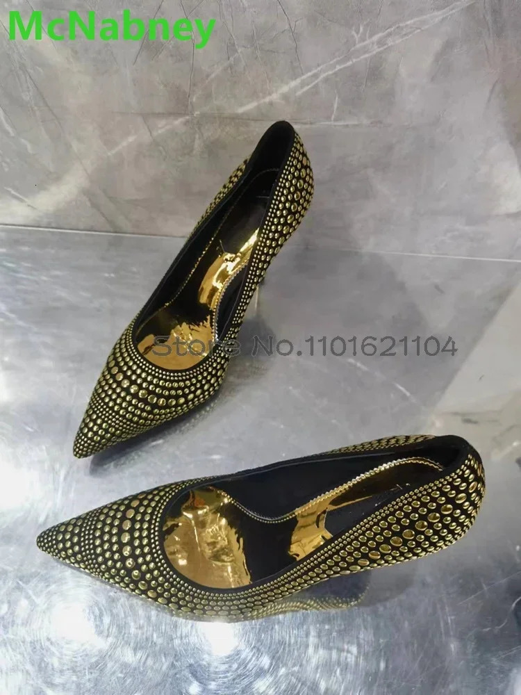 Metal Thin High Heel Pumps For Female Women Pointed Toe Gold Rivet Slip-on Fashion Shallow Elegant Sexy Footwear 250306