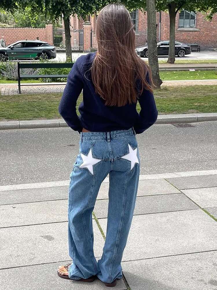Street Pentagram Printed Jeans Women 2025 Spring Summer Chic Casual Mid Waist Wide Leg Or-Length Panelled Denim Pant Female