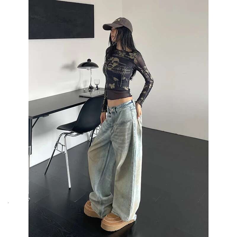 Women's American Vintage Y2k Washed Thin Jeans Street Casual Neutral Style Blue Denim Trousers Female High Waist Straight Pants