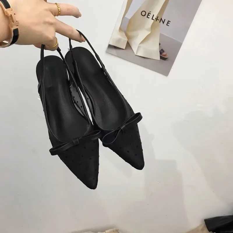 Womens 2025 New Polka Dot Chunky Heel Gracef Pointed Toe Shallow Mouth Slimming Baotou Bow Shoes Womens Sandals Y250306