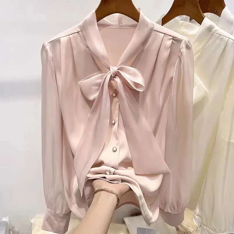Chiffon Long Sleeve Ribbon Elegant Blouse For Women Korean Fashion Shirts And Blouses 2024 Autumn Women's Clothing