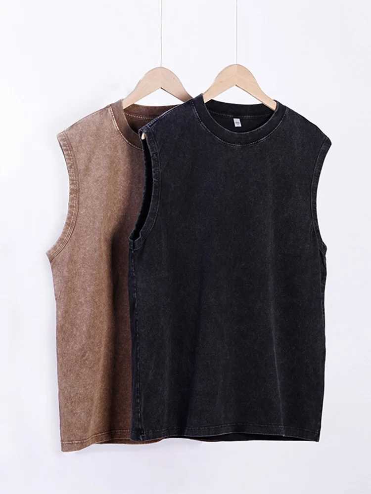 230Grams Cotton Vest Men Sleeveless T-shirt Washed Heavy and Old Shoulder Retro Loose Unisex Vintage TopsT250318