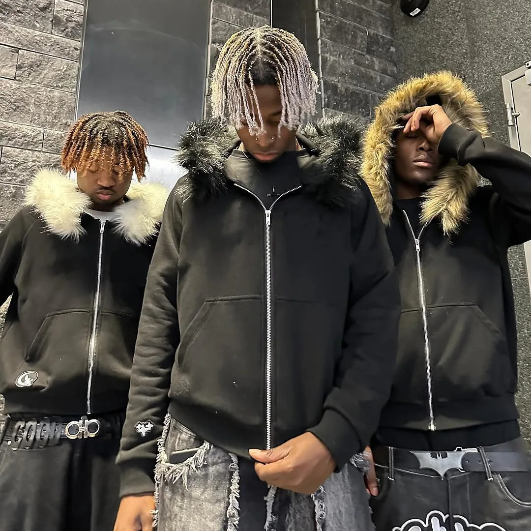 2000s Fur collar hat autumn winter Punk solid color Harajuku Zip up hoodie Oversized Jacket Hiphop rock Unisex retro zipper Coat 250305