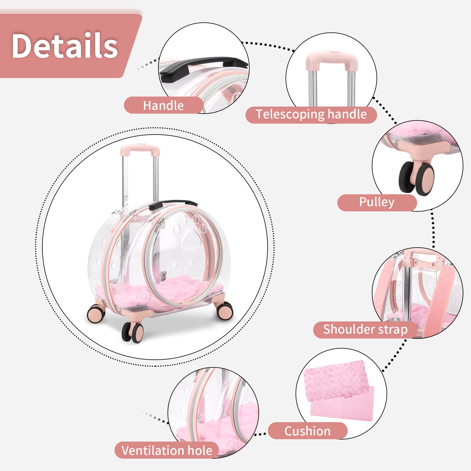 Transparent & Fully Breathable Hard cat Carrier with Rolling Wheels for Dogs, Cats, or Bunnies, Multiple Carrying Options, Perfect for Traveling/Takin