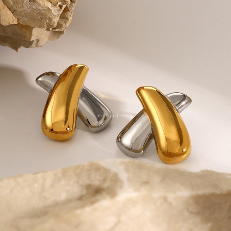 Chunky Bubble Earrings Stud Non Tarnish Stainless Steel 18k Gold X Shape Cross Earring Cuff Women Designer Jewelry Gift