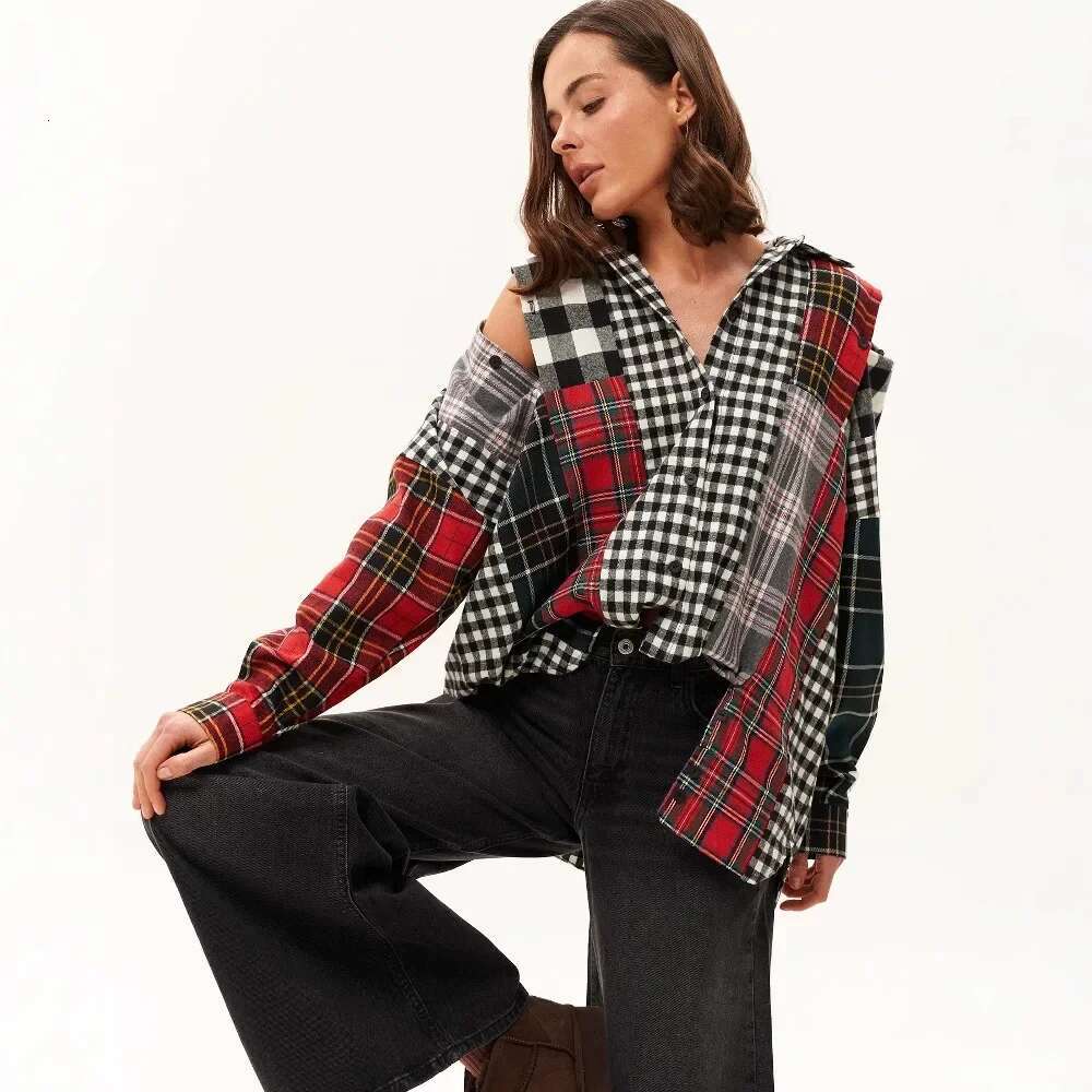Fashionable Cross-Border New Women's Plaid Top Sensible Niche Design Spring Autumn Cotton Material Shirt Sleeve