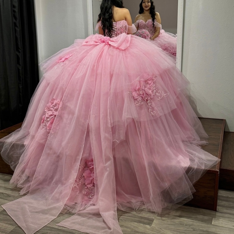 Pink Shiny Quinceanera Dresses Ball Gown Off Shoulder Applique Flower Bow Beading Tull Corset Sweet 16 Dress Vestidos 15 De Anos