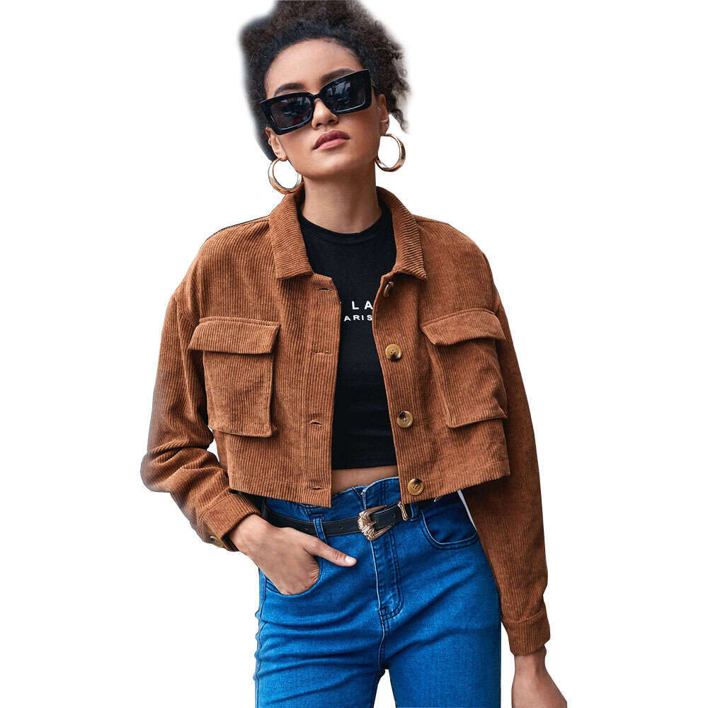 Spring/Summer Women's Casual Single Breasted Organ Bag Flip Collar Corduroy Long Sleeve Jacket KLMY